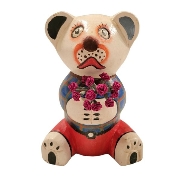 Decor Other - Artisan Folk Art Bear Hand Carved & Painted Wood with Flowers White Plaid Teddy